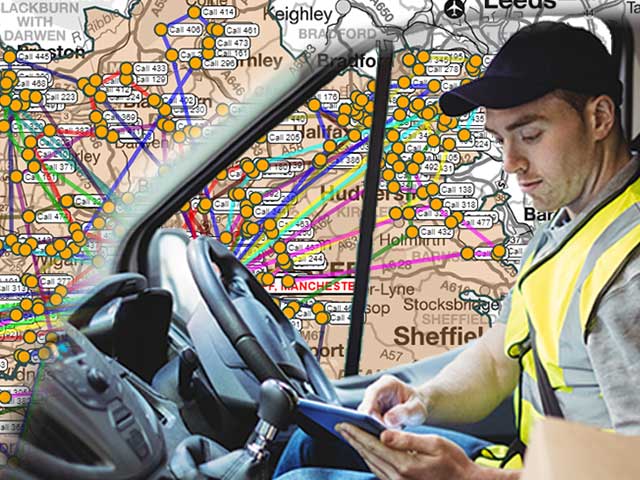 A delivery driver consulting his tablet overlaid onto a scheduling map.