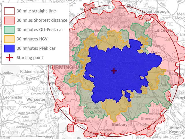 An isochrone map contrasting the difference in drive-time and distance measurements.