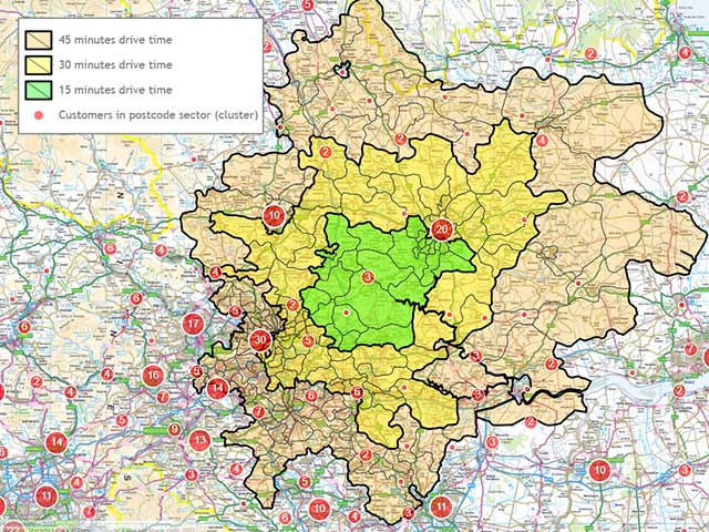 An isochrone map showing drive time radii against customer numbers in the area.