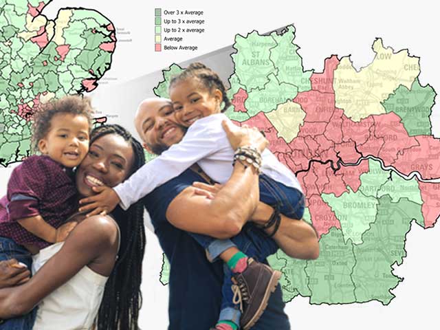 A family super-imposed on a demographic choropleth map.