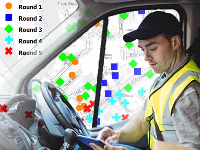 A van driver super-imposed on a delivery schedule map.