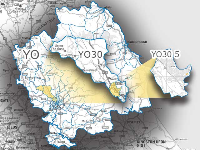 A map showing the extent of the YO30 5 postcode area, district, and sector.