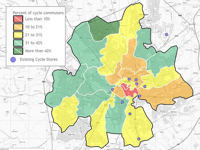 A local analysis of cycle commuter numbers mapped against existing cycle store locations.