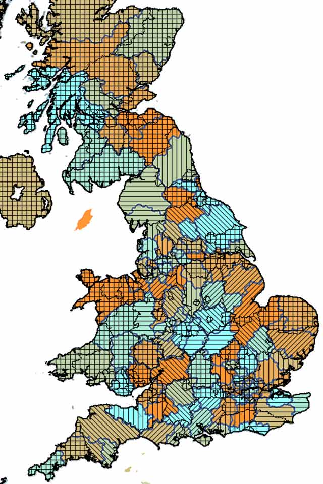 A map of UK postcode areas contrasted with admin areas