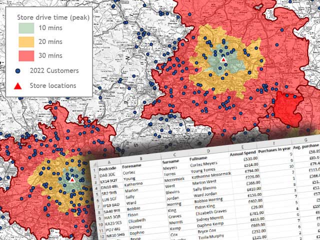 A complex spreadsheet shown next to a GIS point and isochrone map.