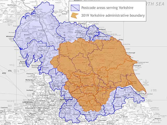 A map of the 2019 administrative boundary of Yorkshire overlaid onto all of the postcode areas that serve residents of the county.