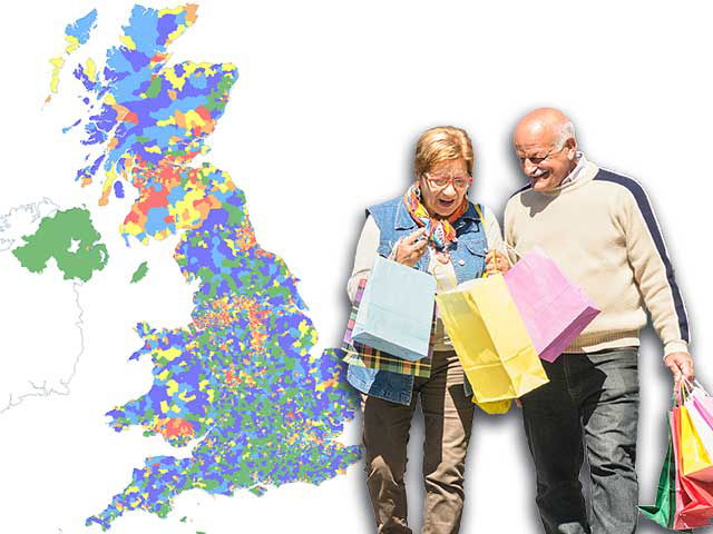 Composite image of older shoppers on a uk demographic heat map.