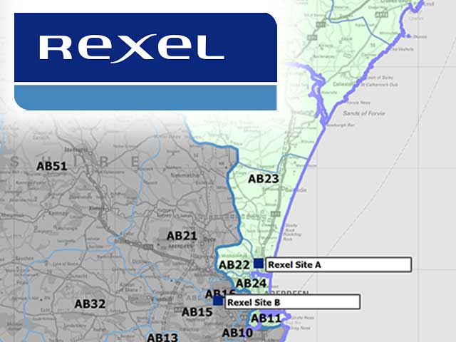 A territory map with two sites and Rexel logo.