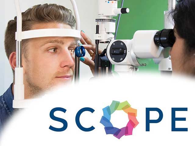 The Scope logo set over a photo of someone having an eye test