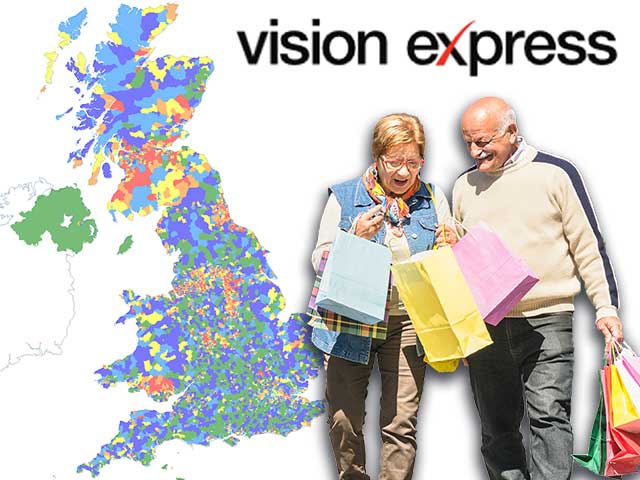Composite image of older shoppers on a uk demographic heat map.
