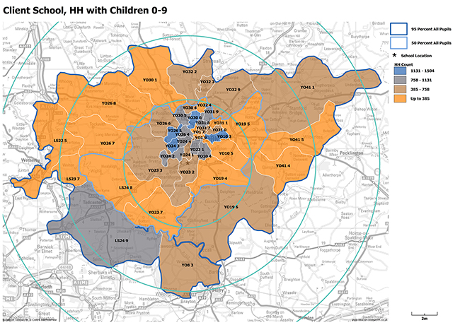 Click on map to enlarge Map analysis of school location plus count of households with children aged 0 to 9