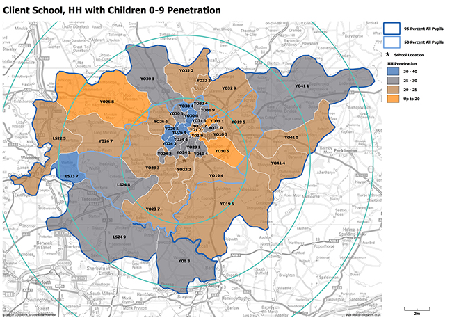 Click on map to enlarge Map analysis of school location, households with children aged 0 to 9 and target market penetration in area