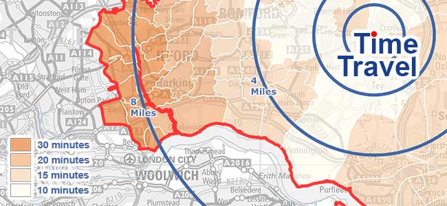 Travel distance and time radii on map.